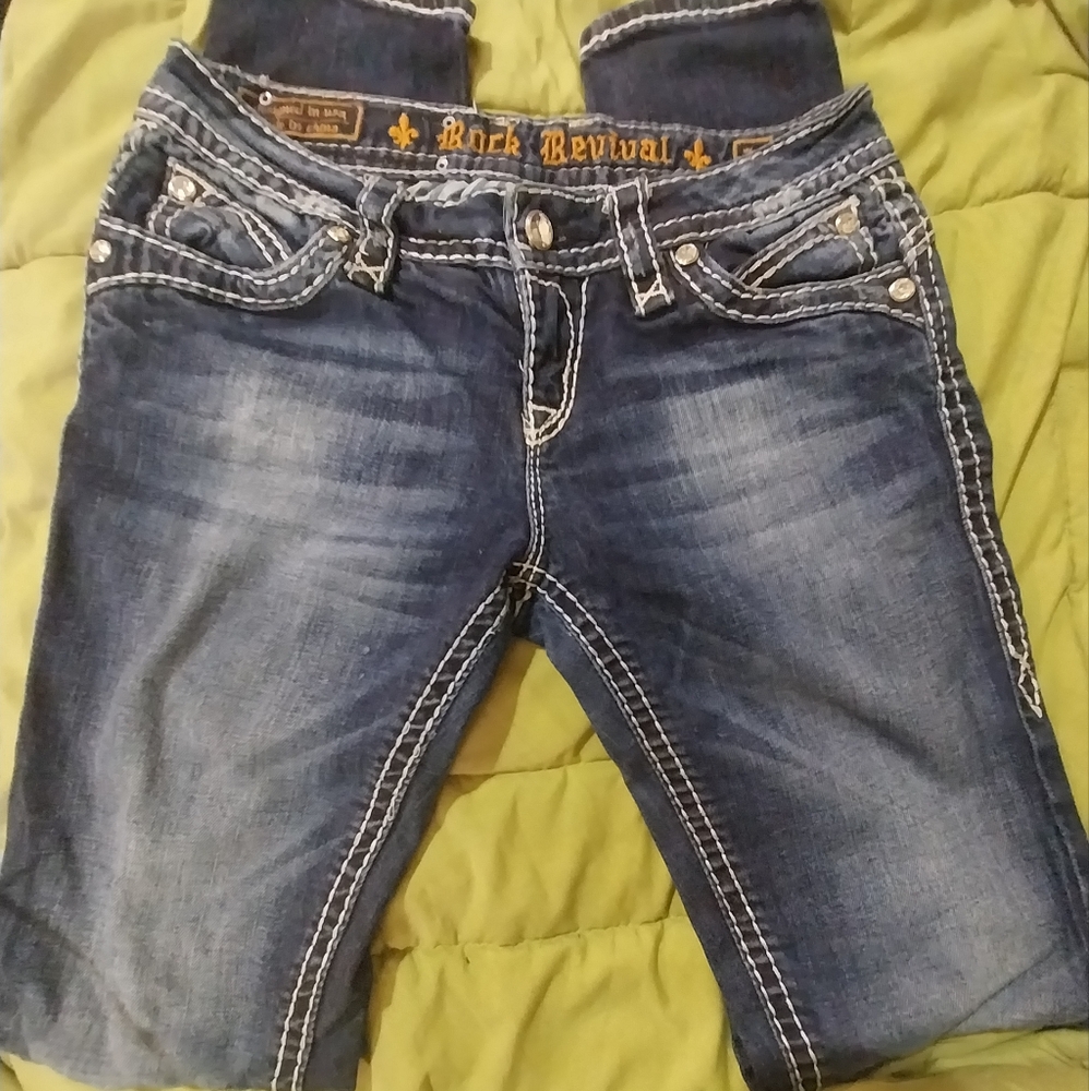 Rock Revival Blue Boot Cut Jeans with Distressed Look